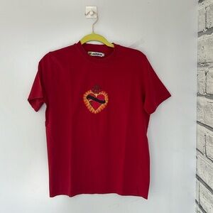 Elan red baby tee in size medium with heart on fire detail